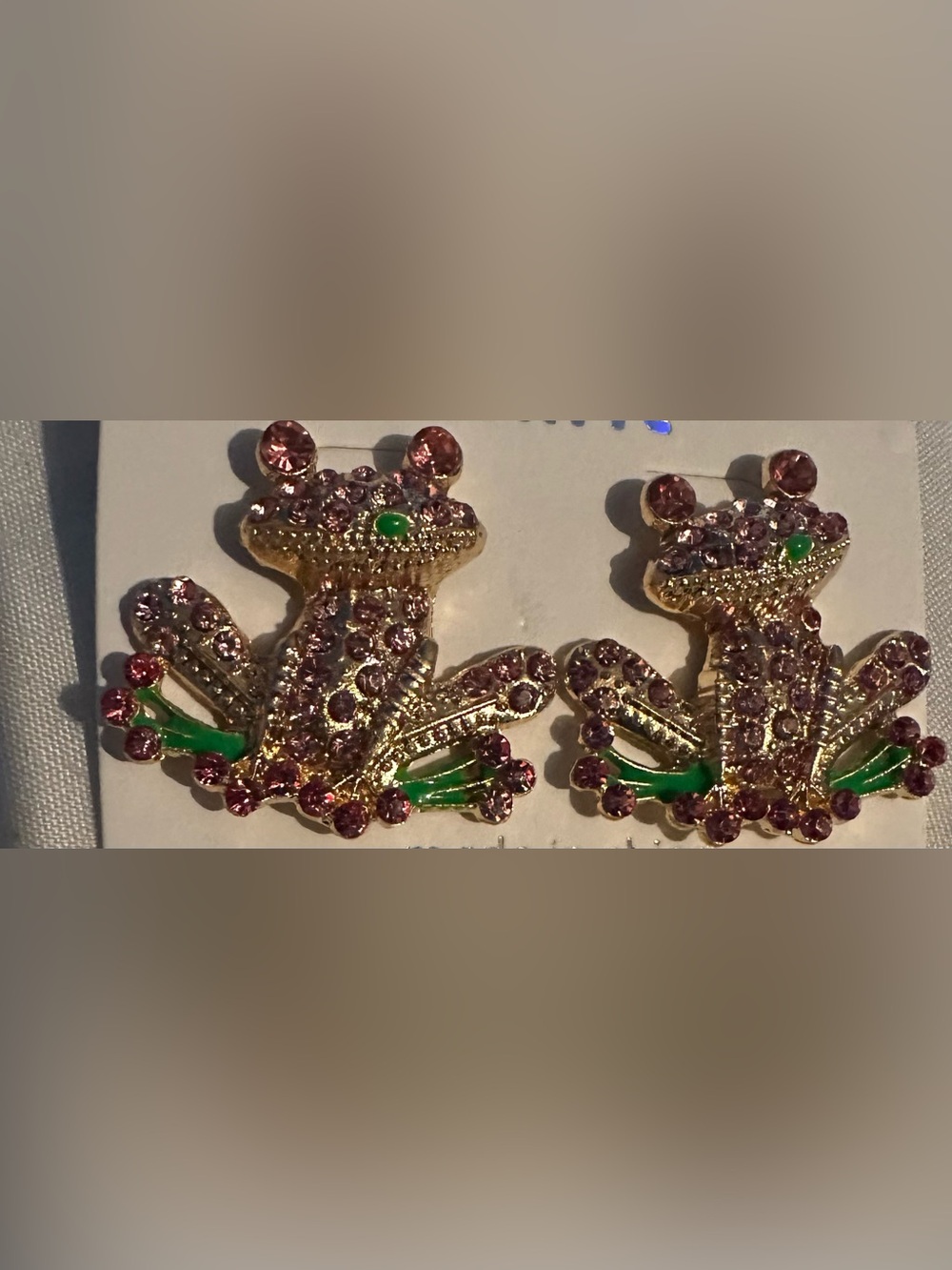 Gold-Tone Pink Crystal Frog Earrings with Green Accent